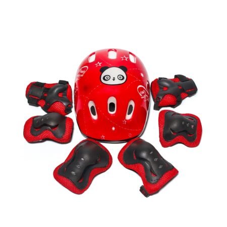 Set de Protección Infantil 7 Piezas Casco y Rodilleras/Coderas Rojo Panda