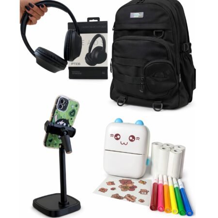 Combo 1 Regreso a Clases 4 en 1 Mochila + Mini Impresora + Térmica + Headset Bluetooth + Soporte para Celular