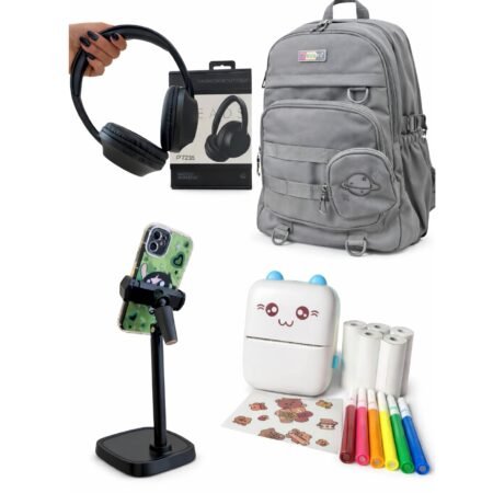Combo 3 Regreso a Clases 4 en 1 Mochila + Mini Impresora + Headset Bluetooth + Soporte para Celular