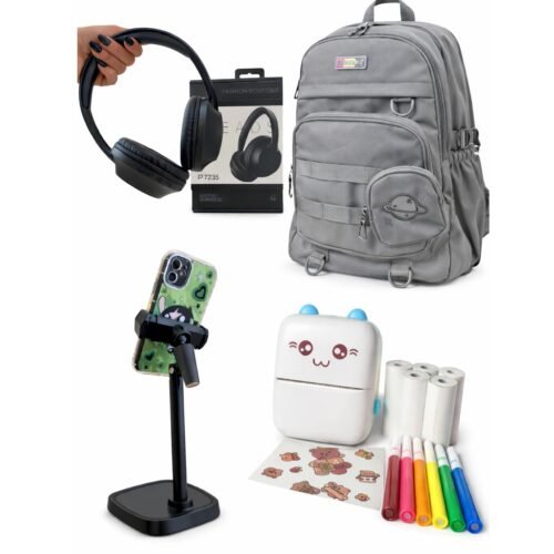 Combo 3 Regreso a Clases 4 en 1 Mochila + Mini Impresora + Headset Bluetooth + Soporte para Celular
