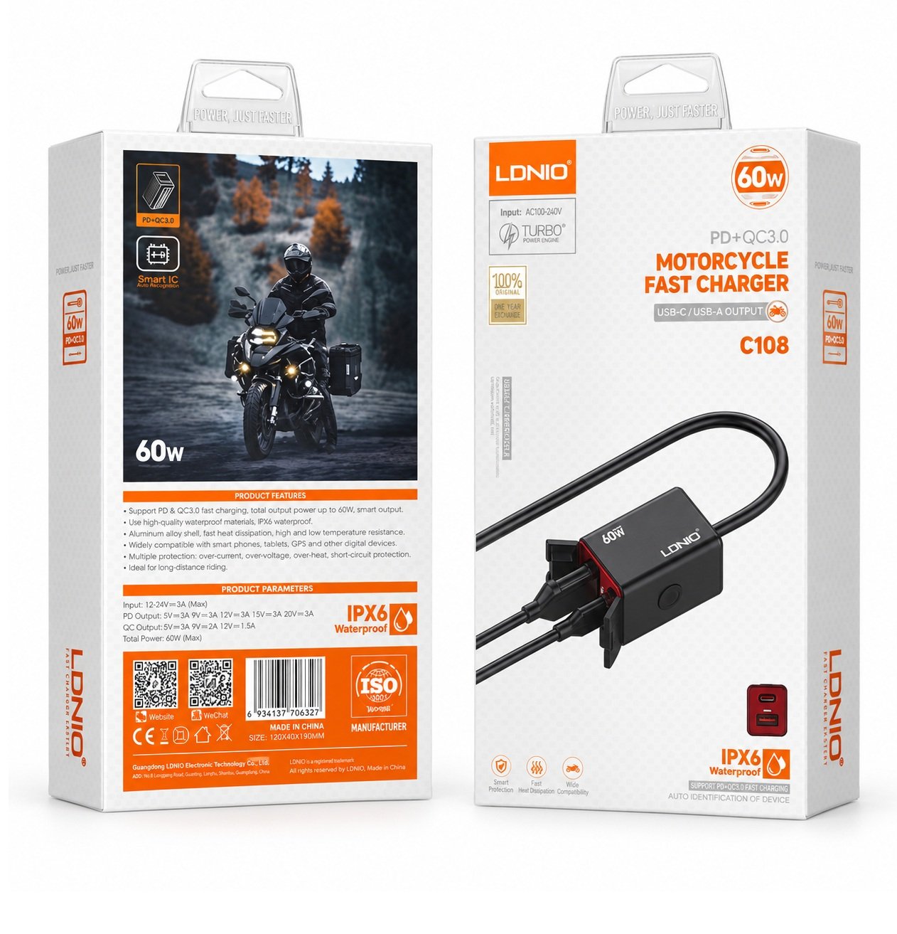 C108 Motorcycle Fast Charger C108 PD+QC3.0 TC-TC 60W - Imagen 1