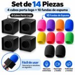 Kit 14 Piezas para Micrófono – 4 Cubos Porta Logo + 10 Funda