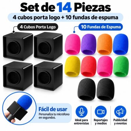 Kit 14 Piezas para Micrófono – 4 Cubos Porta Logo + 10 Funda