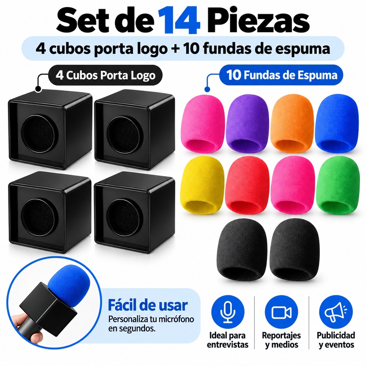 set 14 pieza Kit 14 Piezas para Micrófono – 4 Cubos Porta Logo + 10 Funda - Imagen 1
